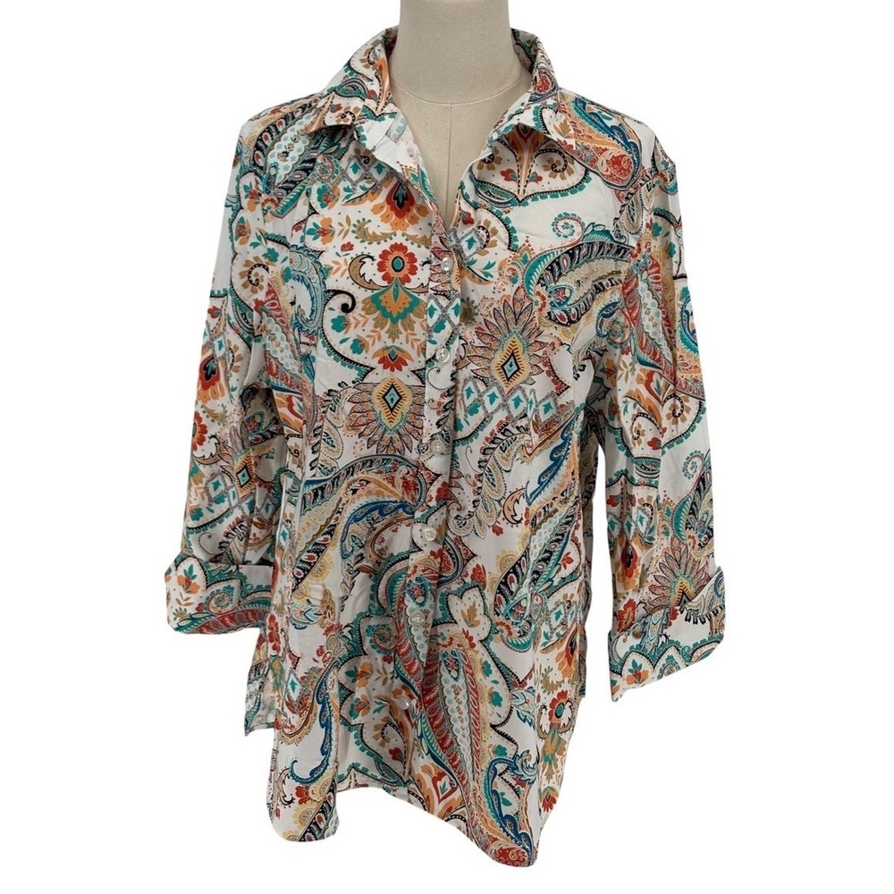 Chico's Button Down Shirt Multi Paisley No-Iron Chic Stretch Size‎ 2 L